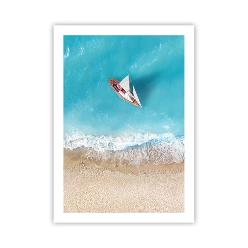 Affiche - Poster - Un yacht contre la mer bleue sur la côte - 50x70cm - A la frontière de l'azur et de l'or - Décoration murale moderne pour le salon et la chambre ARTTOR