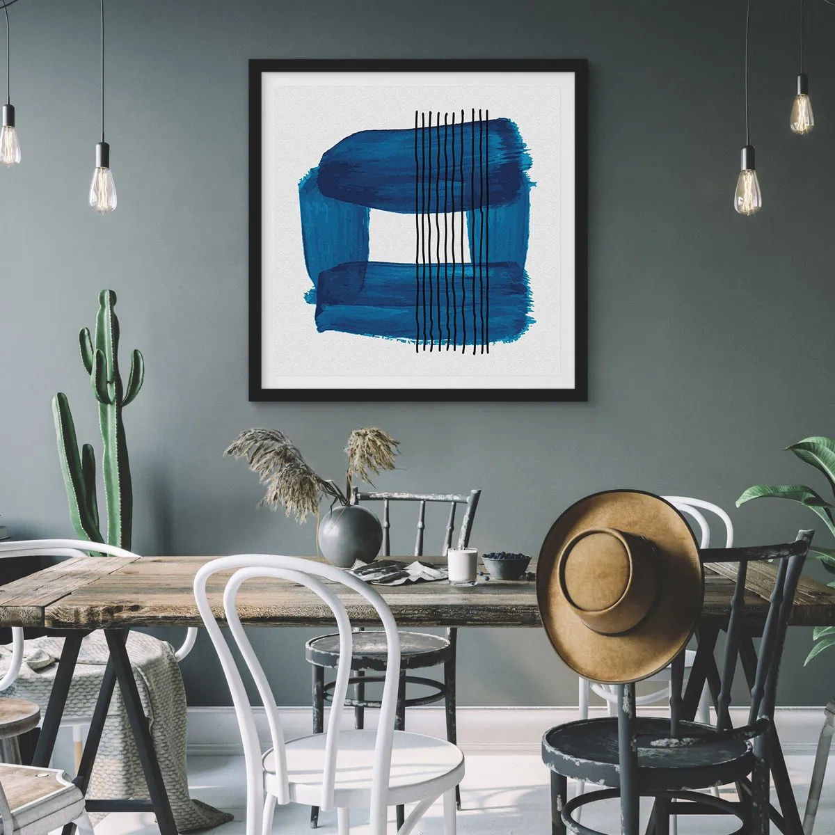 Affiche dans un cadre noir - Poster - Composition noire-bleue - 40x40 cm