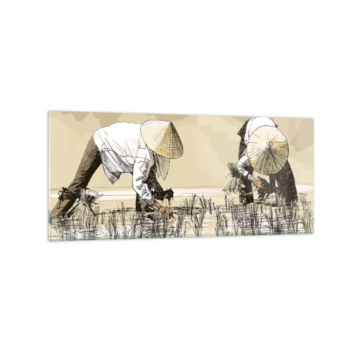 Impression sur verre - Image sur verre - Des agriculteurs travaillant dans une rizière portant des coiffures traditionnelles - 120x50cm - Récolte réussie - Décoration murale moderne pour le salon et la chambre ARTTOR