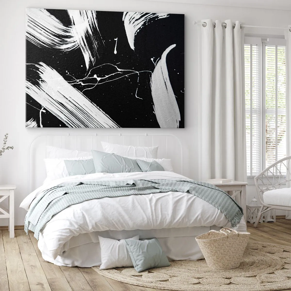 Impression sur toile - Image sur toile - Traits blancs abstraits sur fond noir - 100x70cm - Briser les ténèbres - Décoration murale moderne pour le salon et la chambre ARTTOR