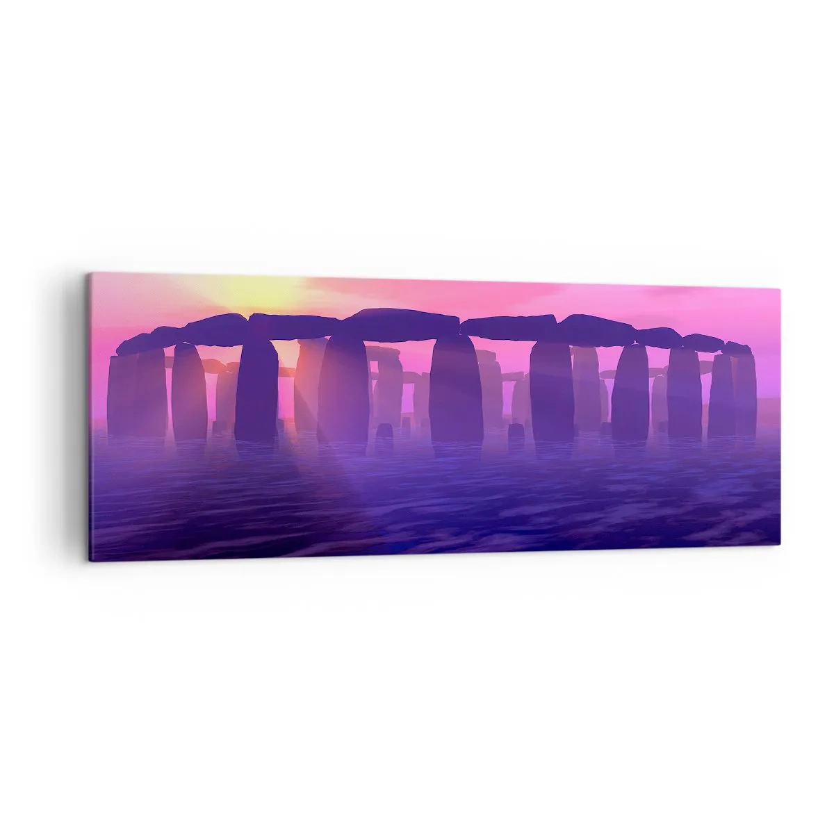 Impression sur toile - Image sur toile - Cercle de pierres au coucher du soleil avec un ciel violet - 140x50cm - Mystère à l'aube dans le brouillard - Décoration murale moderne pour le salon et la chambre ARTTOR