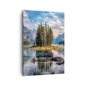 Impression sur toile - Image sur toile - Un paysage de montagne avec une île entourée d'un lac calme - 50x70cm - Sous les grandes eaux claires - Décoration murale moderne pour le salon et la chambre ARTTOR