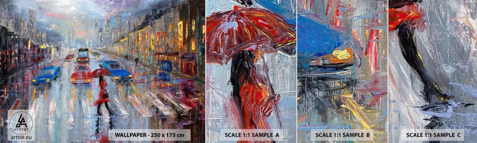 Échantillon de Papier Peint Premium Canvas - Après-midi pluvieux en ville - Ville, Architecture, Marcher sous la pluie - 100x30 cm