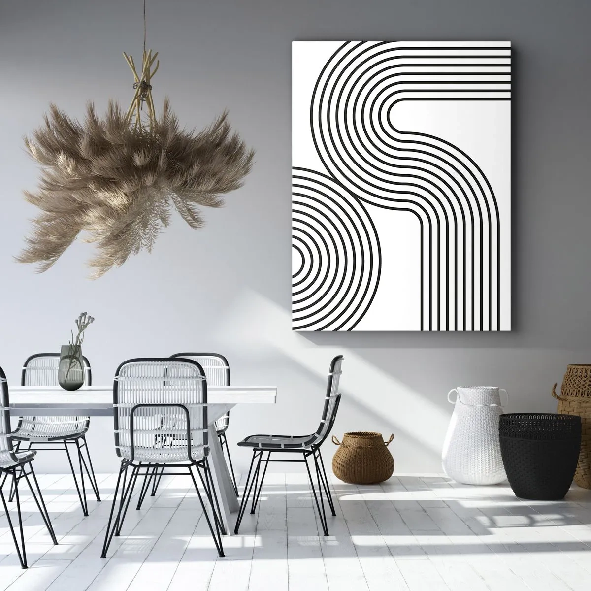 Impression sur toile - Image sur toile - Une peinture abstraite avec des lignes noires créant des motifs géométriques sur un fond blanc. - 70x100cm - En plein virage - Décoration murale moderne pour le salon et la chambre ARTTOR