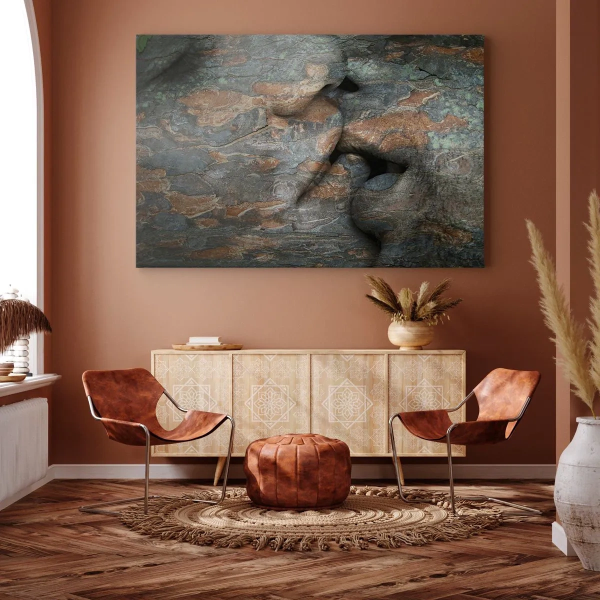 Impression sur toile - Image sur toile - Un motif artistique d'un visage sculpté dans la roche avec un effet de texture naturelle. - 70x50cm - Ensemble pour toujours - Décoration murale moderne pour le salon et la chambre ARTTOR