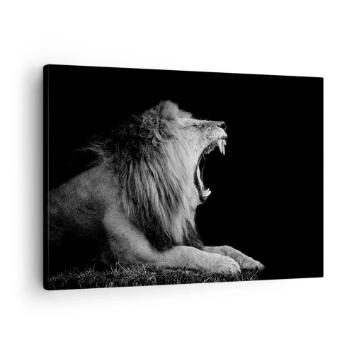Impression sur toile - Image sur toile - Un lion rugissant sur fond noir dans des tons noir et blanc - 70x50cm - Sans aucun doute - Décoration murale moderne pour le salon et la chambre ARTTOR