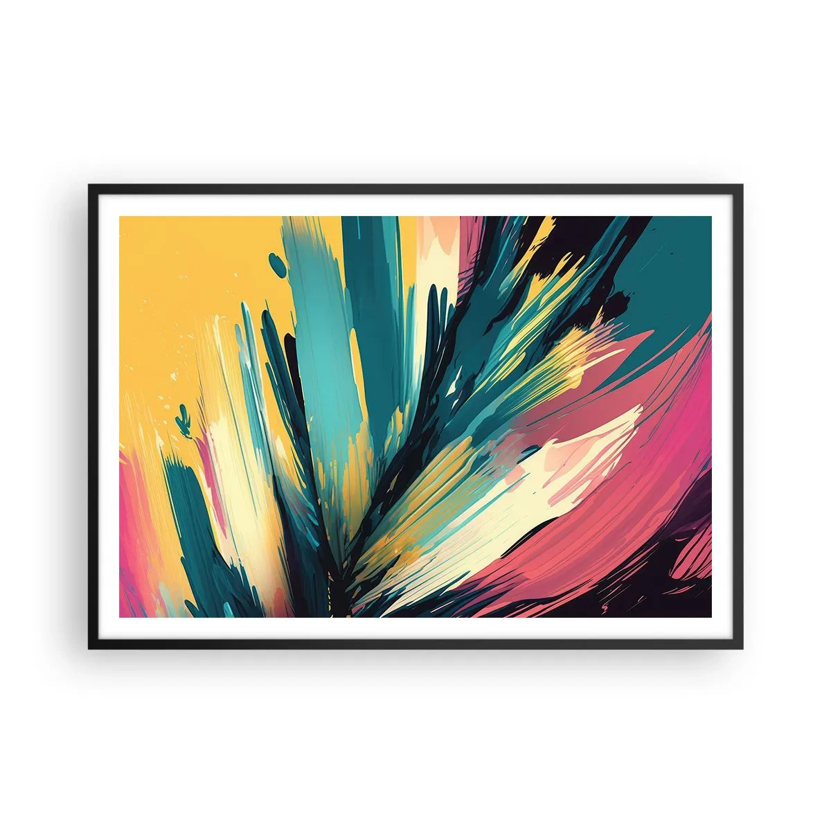Affiche dans un cadre noir - Poster - Une composition abstraite aux couleurs intenses et contrastées. - 100x70cm - Composition – une explosion de joie - Décoration murale moderne pour le salon et la chambre ARTTOR