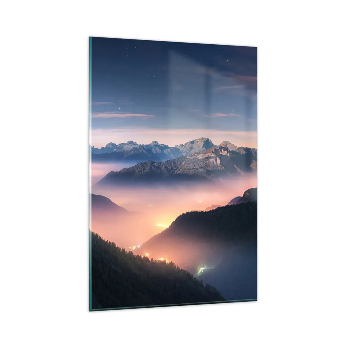 Impression sur verre - Image sur verre - Un paysage de montagne avec une vallée remplie de brouillard - 80x120cm - Lumière dans les vallées - Décoration murale moderne pour le salon et la chambre ARTTOR