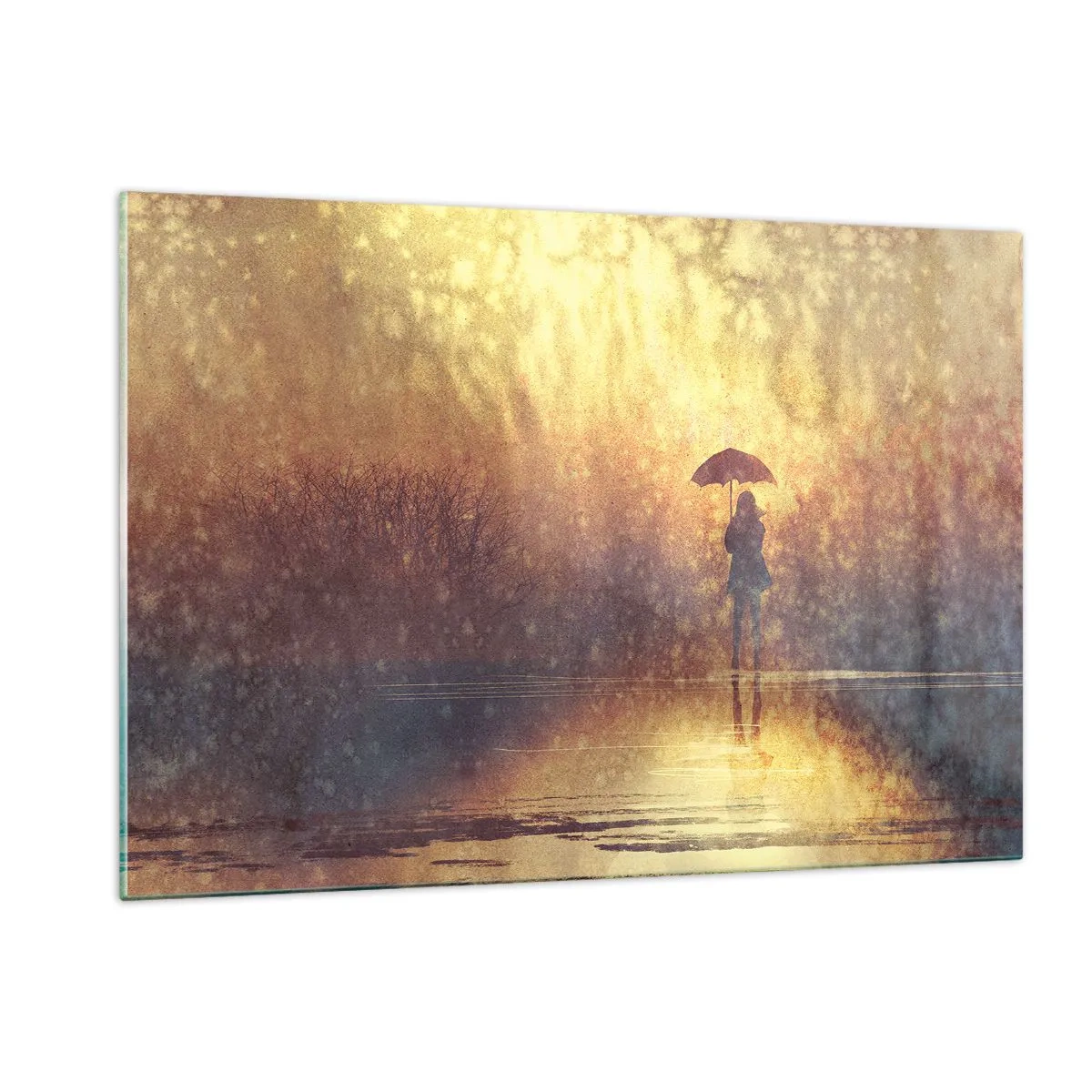 Impression sur verre - Image sur verre - Une silhouette avec un parapluie à la lumière du soleil couchant et de la pluie - 120x80cm - Je sens que quelqu'un me regarde - Décoration murale moderne pour le salon et la chambre ARTTOR