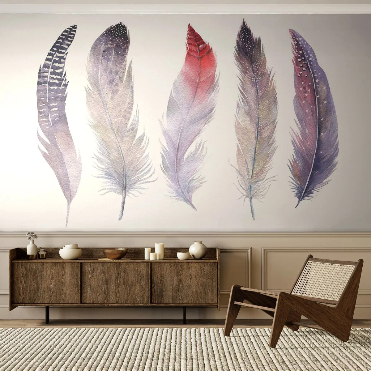 Papier Peint Autocollant Deluxe Sticker - Délicat comme un brouillard multicolore - Plume d'oiseau, Bohème, Graphique - 250x175 cm