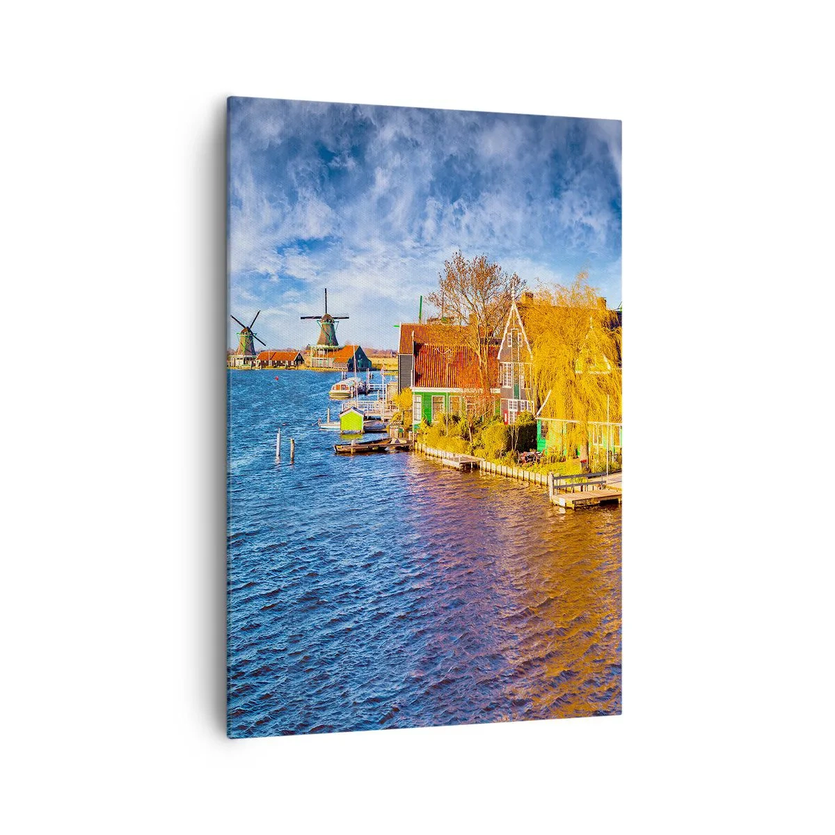 Impression sur toile - Image sur toile - Maisons pittoresques et moulins à vent au bord de l'eau - 70x100cm - C'est pareil depuis des lustres - Décoration murale moderne pour le salon et la chambre ARTTOR