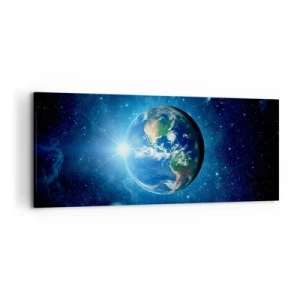 Impression sur toile - Image sur toile - La Terre dans l'espace entourée d'étoiles et de lumière - 120x50cm - Nous sommes au paradis - Décoration murale moderne pour le salon et la chambre ARTTOR