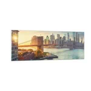 Impression sur verre - Image sur verre - Panorama de la ville avec le pont au coucher du soleil - 140x50cm - L'aube de la grande ville - Décoration murale moderne pour le salon et la chambre ARTTOR