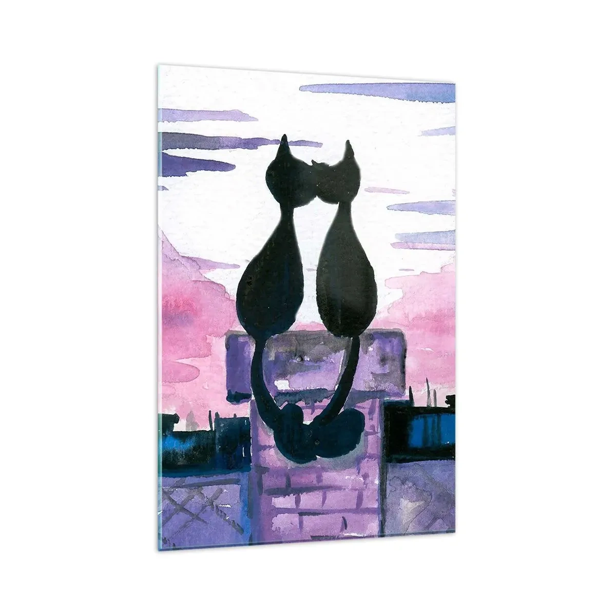 Impression sur verre - Image sur verre - Chats noirs sur un toit au clair de lune dans un décor aquarelle - 80x120cm - Rendez-vous sous la lune - Décoration murale moderne pour le salon et la chambre ARTTOR