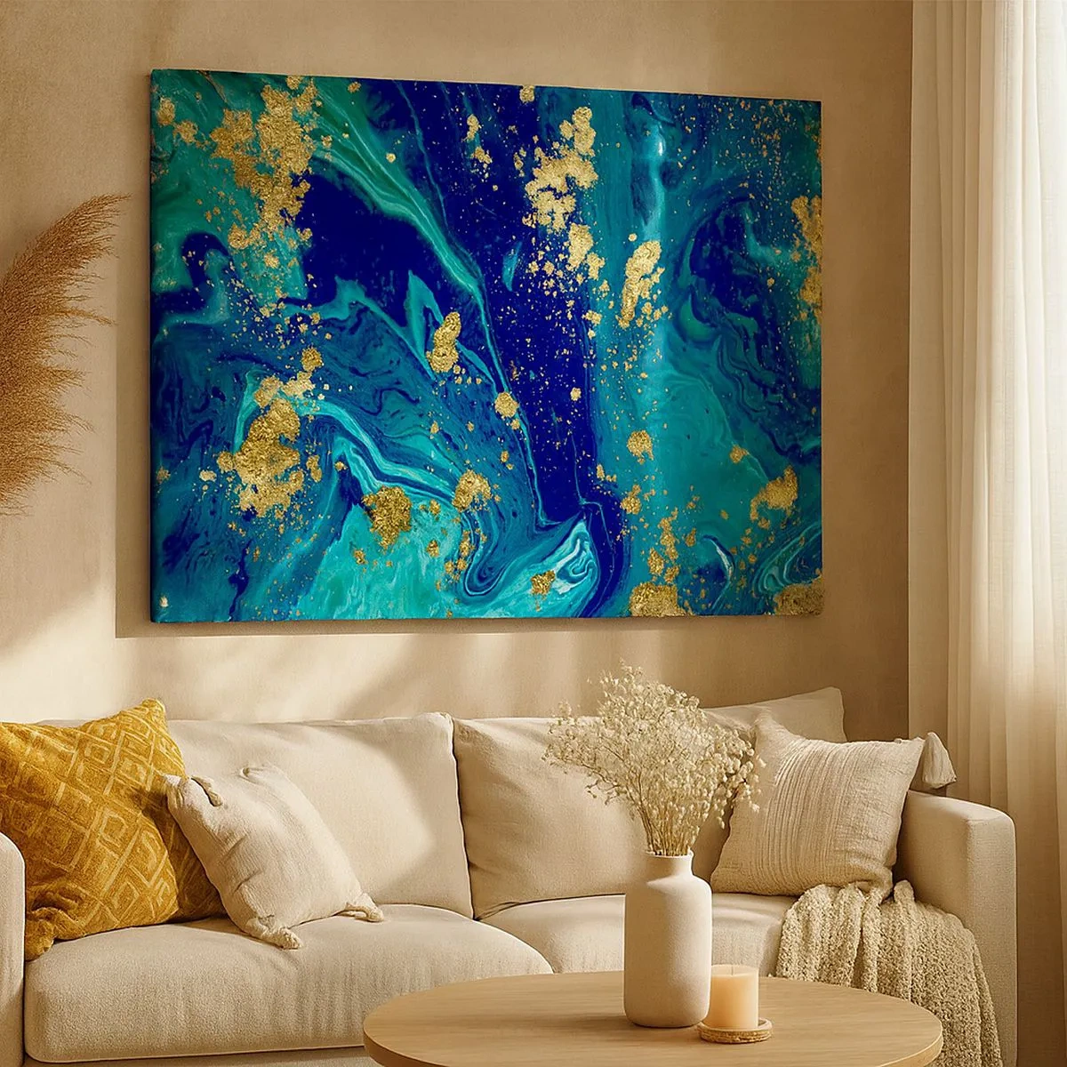 Impression sur toile - Image sur toile - Une composition abstraite avec des accents bleus, verts et dorés. - 70x50cm - Les pétales du soleil - Décoration murale moderne pour le salon et la chambre ARTTOR