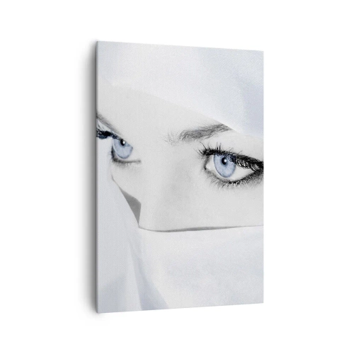 Impression sur toile - Image sur toile - Portrait d'une femme aux yeux bleus cachés derrière un voile blanc - 70x100cm - Directement des mille et une nuits - Décoration murale moderne pour le salon et la chambre ARTTOR