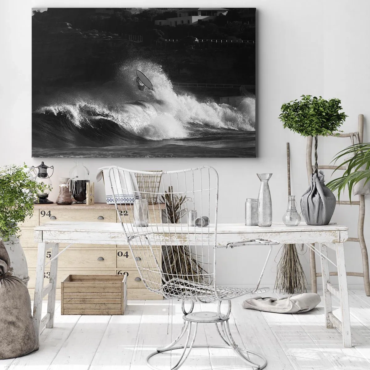 Impression sur toile - Image sur toile - Un surfeur sur une vague en monochrome - 120x80cm - Défi accepté! - Décoration murale moderne pour le salon et la chambre ARTTOR