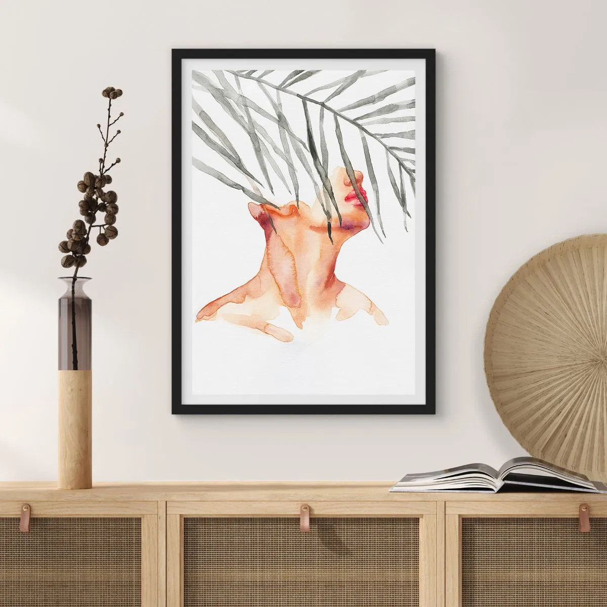 Affiche dans un cadre noir - Poster - Femme à l'aquarelle avec des feuilles de palmier couvrant son visage - 50x70cm - Sentez le pouls des tropiques - Décoration murale moderne pour le salon et la chambre ARTTOR