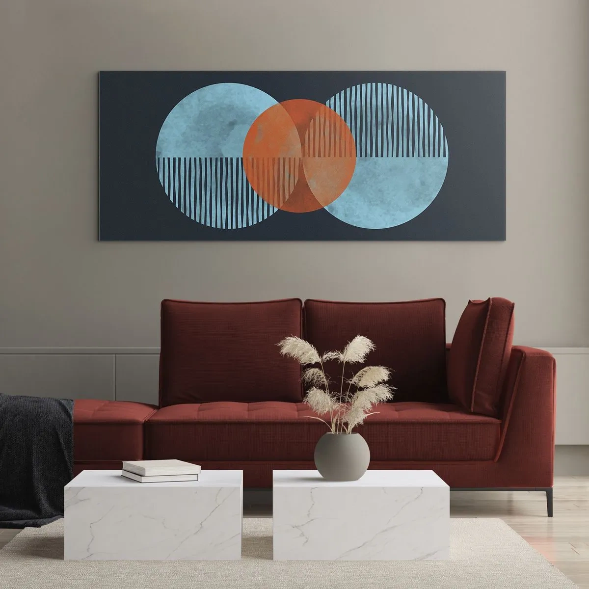 Impression sur verre - Image sur verre - Cercles géométriques dans les tons bleu et orange - 120x50cm - Composition symétrique - Décoration murale moderne pour le salon et la chambre ARTTOR