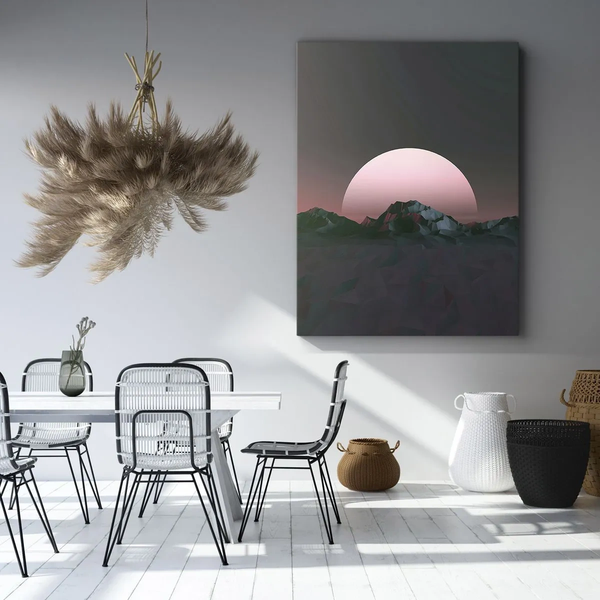 Impression sur toile - Image sur toile - Montagnes géométriques avec le soleil couchant en arrière-plan - 70x100cm - Dans une galaxie voisine - Décoration murale moderne pour le salon et la chambre ARTTOR