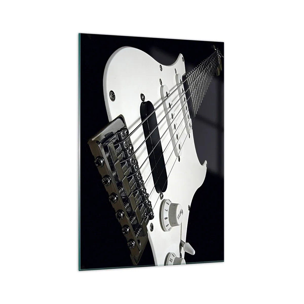 Impression sur verre - Image sur verre - Gros plan d'une guitare électrique blanche sur fond noir. - 70x100cm - Son caché en blanc - Décoration murale moderne pour le salon et la chambre ARTTOR