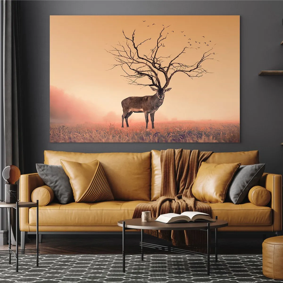 Impression sur verre - Image sur verre - Illustration d'un cerf avec un arbre comme bois - 100x70cm - Cerf de Pra - l'esprit éternel de la forêt - Décoration murale moderne pour le salon et la chambre ARTTOR