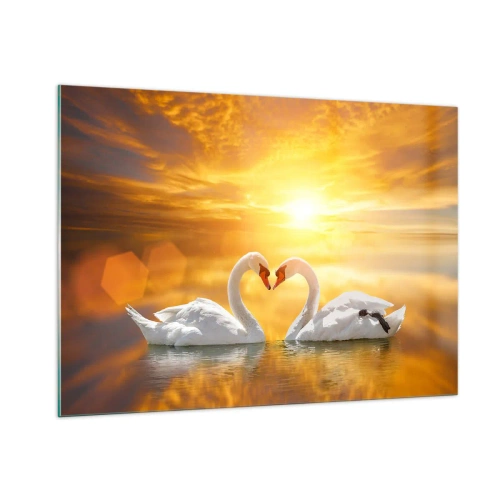 Impression sur verre - Image sur verre - Deux cygnes sur l'eau formant un cœur sur fond de coucher de soleil - 100x70cm - Le coeur est le plus beau mot du monde… - Décoration murale moderne pour le salon et la chambre ARTTOR