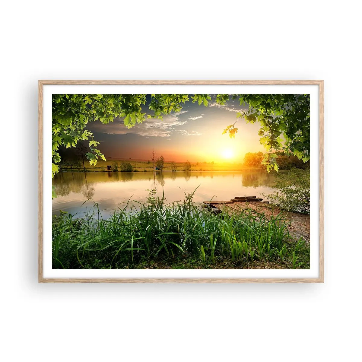 Affiche dans un chêne clair - Poster - Paysage dans un cadre verdoyant - 100x70 cm