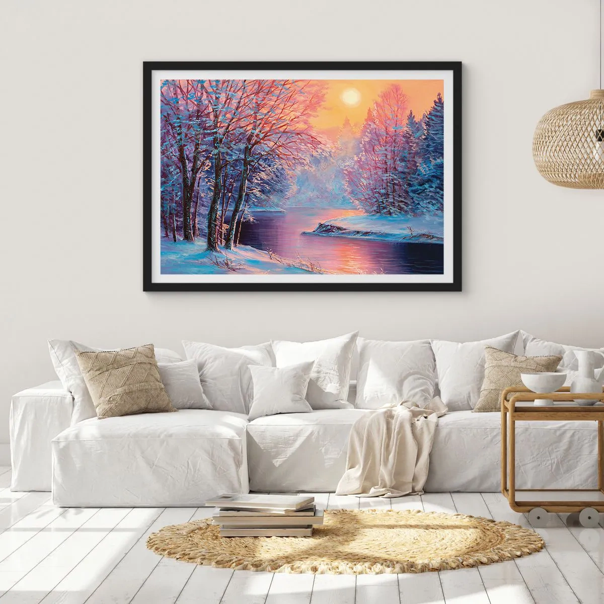 Affiche dans un cadre noir - Poster - Paysage d'hiver avec rivière et arbres au lever du soleil - 70x50cm - Couleurs d'hiver - Décoration murale moderne pour le salon et la chambre ARTTOR