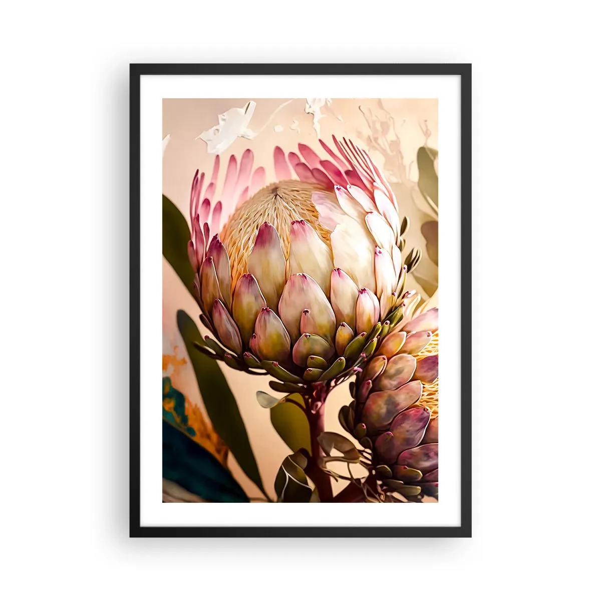 Affiche dans un cadre noir - Poster - Gros plan d'une fleur de protéa aux couleurs chaudes - 50x70cm - Tendrement embrassé - Décoration murale moderne pour le salon et la chambre ARTTOR