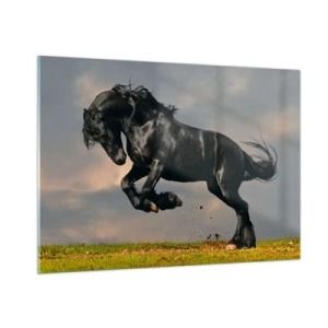 Impression sur verre - Image sur verre - Un cheval noir dans un saut dynamique contre un ciel nuageux - 100x70cm - Beau et libre - Décoration murale moderne pour le salon et la chambre ARTTOR