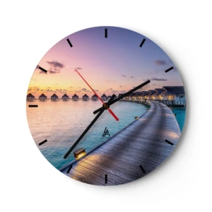 Horloge murale - Pendule murale - Un chemin le long de la plage avec des bungalows sur fond de soleil couchant - 30x30cm - Vacances - retour aux sources - Décoration murale moderne pour le salon, la cuisine et la chambre ARTTOR