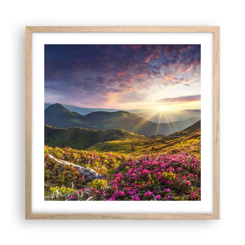 Affiche dans un chêne clair - Poster - Fraîcheur matinale en montagne - 50x50 cm