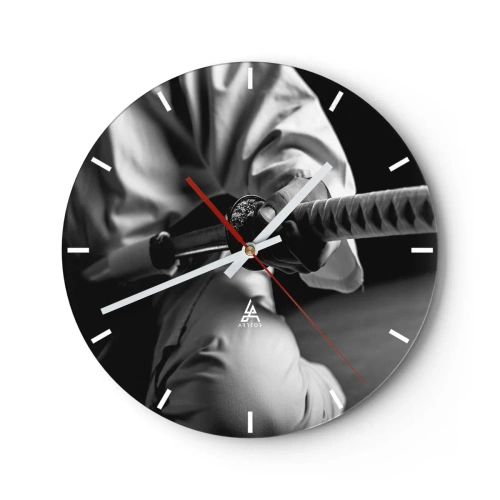 Horloge murale - Pendule murale - Une main avec un sabre de samouraï en noir et blanc - 30x30cm - Âme de guerrier - Décoration murale moderne pour le salon, la cuisine et la chambre ARTTOR