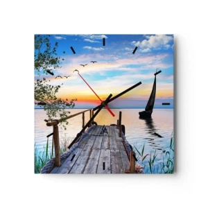 Horloge murale - Pendule murale - Jetée du lac avec bateau et coucher de soleil - 30x30cm - Bonsoir! - Décoration murale moderne pour le salon et la chambre ARTTOR