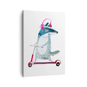 Impression sur toile - Image sur toile - Blaireau sur un scooter avec des écouteurs roses - 50x70cm - La joie du blaireau - Décoration murale moderne pour le salon et la chambre ARTTOR