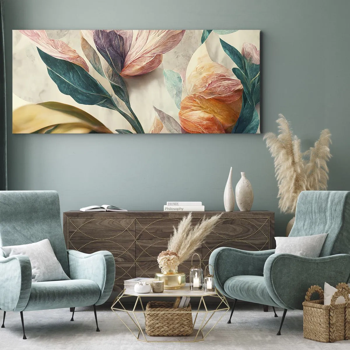 Impression sur toile - Image sur toile - Fleurs colorées de style tropical sur fond clair - 160x50cm - Fleurs des îles du sud - Décoration murale moderne pour le salon et la chambre ARTTOR