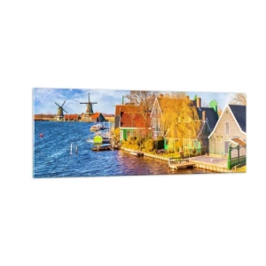 Impression sur verre - Image sur verre - Maisons pittoresques et moulins à vent au bord de l'eau - 140x50cm - C'est pareil depuis des lustres - Décoration murale moderne pour le salon et la chambre ARTTOR