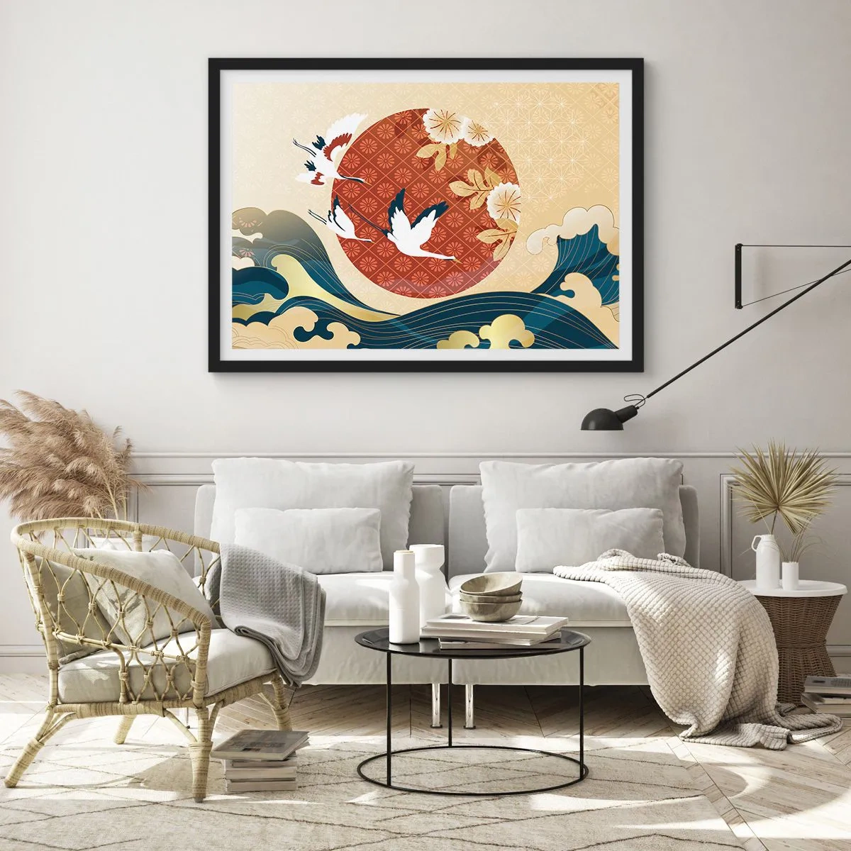 Affiche dans un cadre noir - Poster - Composition japonaise avec des grues et des vagues - 70x50cm - Conte japonnais - Décoration murale moderne pour le salon et la chambre ARTTOR
