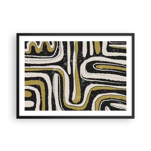 Affiche dans un cadre noir - Poster - Motif abstrait en noir, blanc et or - 70x50cm - Composition : routes et ruelles - Décoration murale moderne pour le salon et la chambre ARTTOR