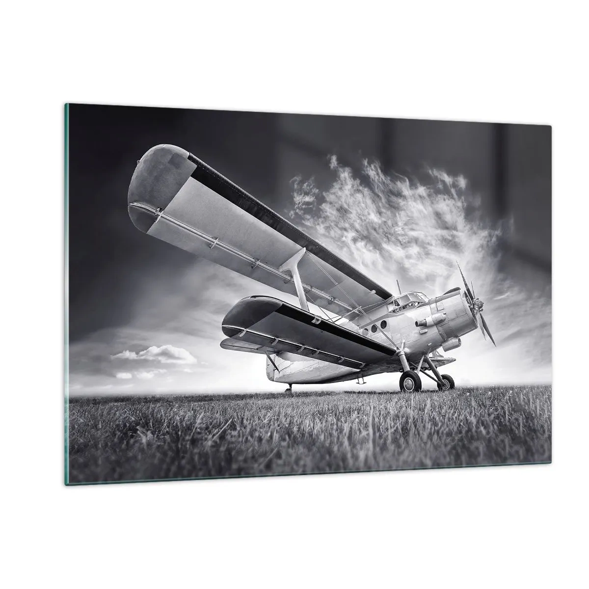 Impression sur verre - Image sur verre - Une photographie en noir et blanc d'un avion sur fond de ciel dramatique. - 120x80cm - Le pèlerin ailé - Décoration murale moderne pour le salon et la chambre ARTTOR