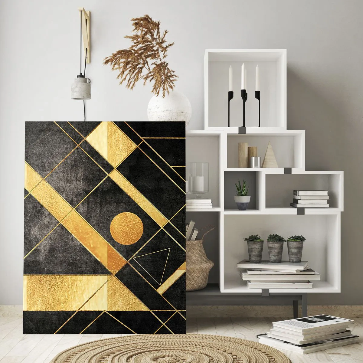 Impression sur verre - Image sur verre - Motifs géométriques dorés sur fond noir - 50x70cm - Soleil du désert - Décoration murale moderne pour le salon et la chambre ARTTOR