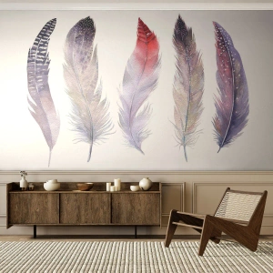 Papier Peint Photo Premium Canvas - Délicat comme un brouillard multicolore - Plume d'oiseau, Bohème, Graphique - 250x175 cm