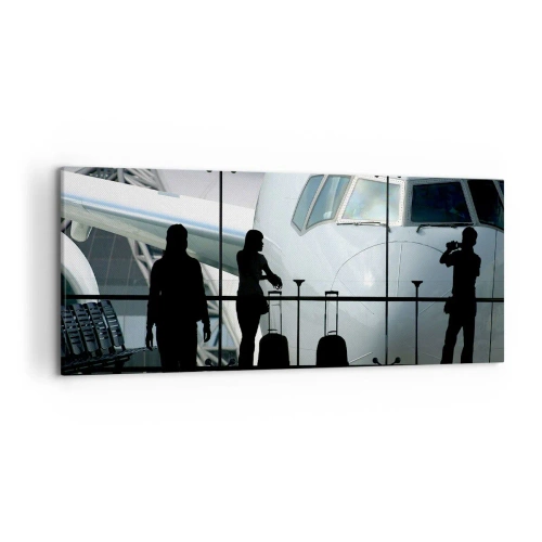 Impression sur toile - Image sur toile - Aéroport avec des silhouettes de personnes et une vue de l'avion - 120x50cm - Vis-à-vis de l'aéroport - Décoration murale moderne pour le salon et la chambre ARTTOR