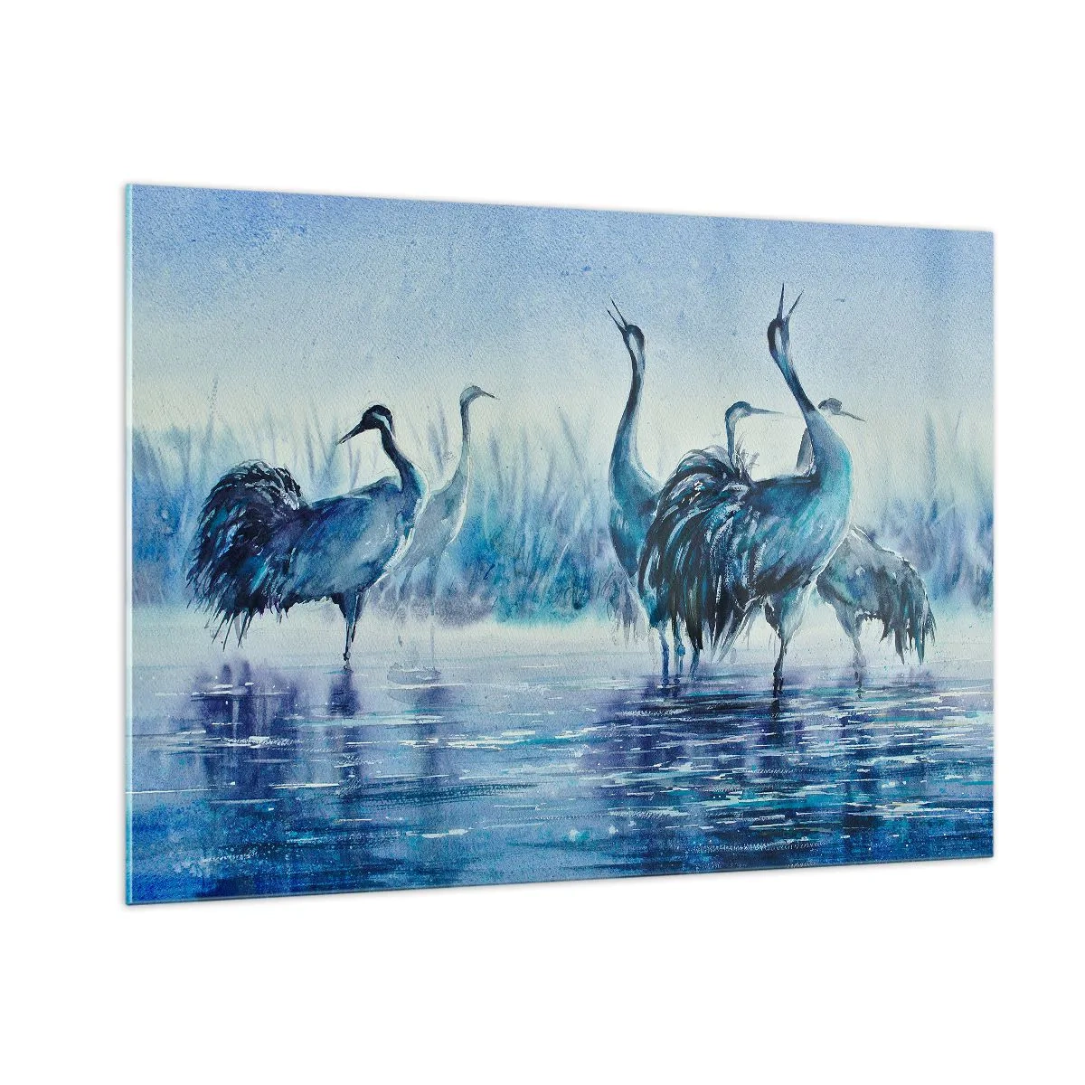 Impression sur verre - Image sur verre - Oiseaux pataugeant dans l'eau bleue - 100x70cm - Réunion matinale - Décoration murale moderne pour le salon et la chambre ARTTOR