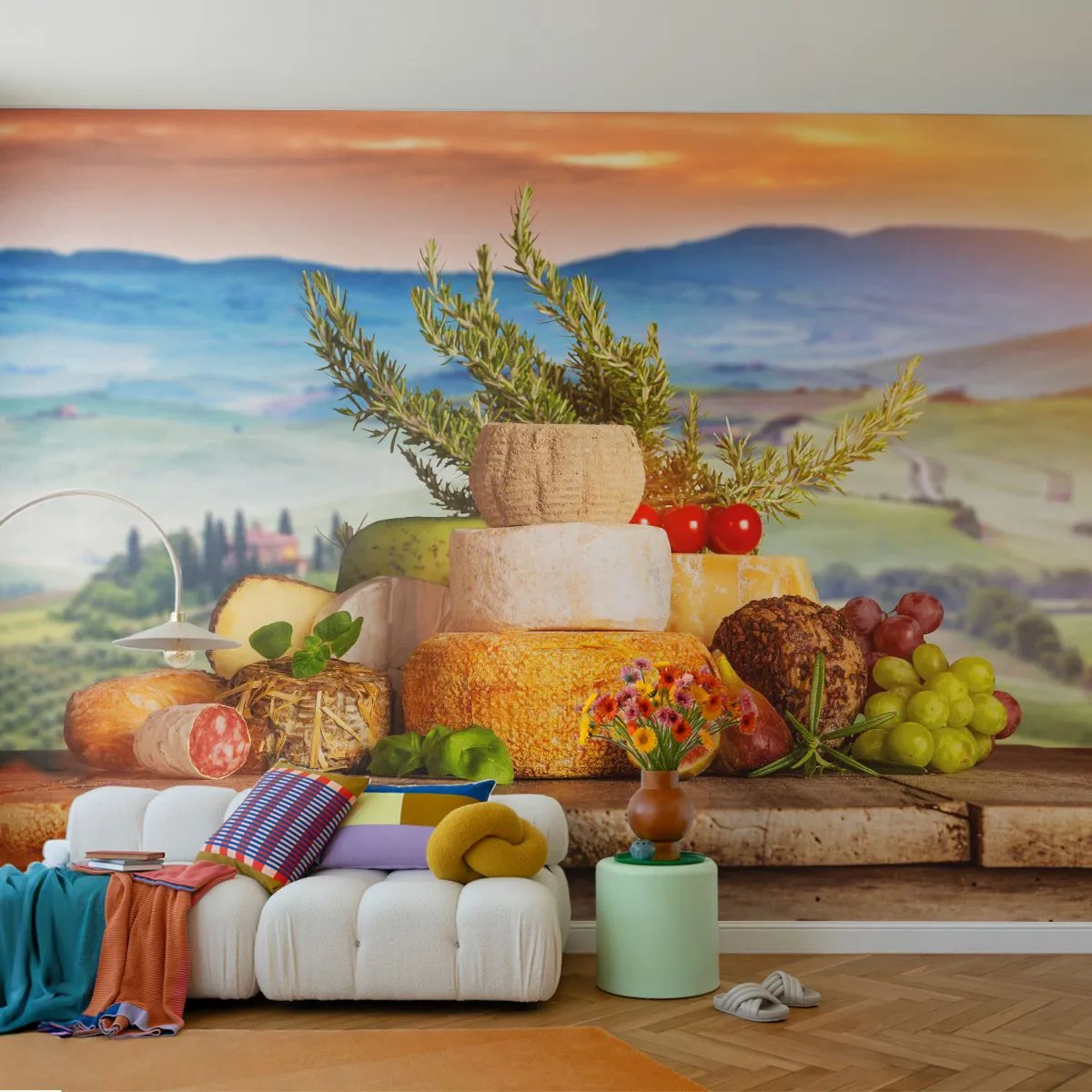 Papier Peint Photo Premium Canvas - La joie de vivre à l'italienne - Toscane, Paysage, Fromages délicieux - 500x350 cm