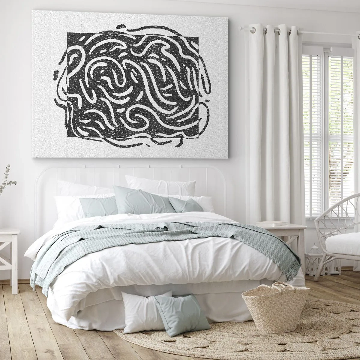 Impression sur toile - Image sur toile - Abstraction en noir et blanc dans un style géométrique - 70x50cm - Abstraction : la danse de la joie - Décoration murale moderne pour le salon et la chambre ARTTOR