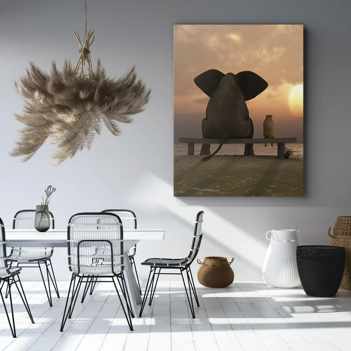 Impression sur toile - Image sur toile - Un éléphant et un chien sont assis sur un banc sur la plage au coucher du soleil. - 50x70cm - C'est bon de garder le silence ensemble - Décoration murale moderne pour le salon et la chambre ARTTOR