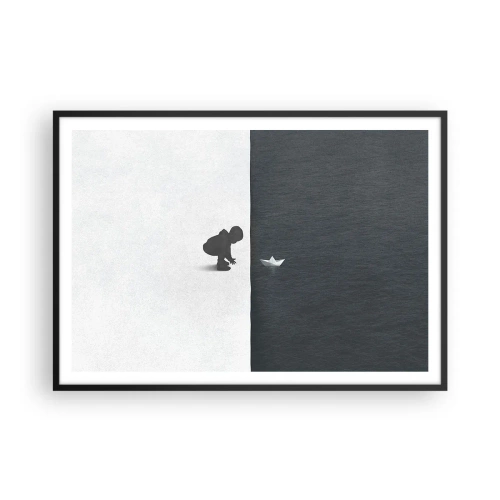 Affiche dans un cadre noir - Poster - Une figure d'enfant avec un bateau en papier sur un fond de moitiés contrastées - 100x70cm - Grande expédition - Décoration murale moderne pour le salon et la chambre ARTTOR