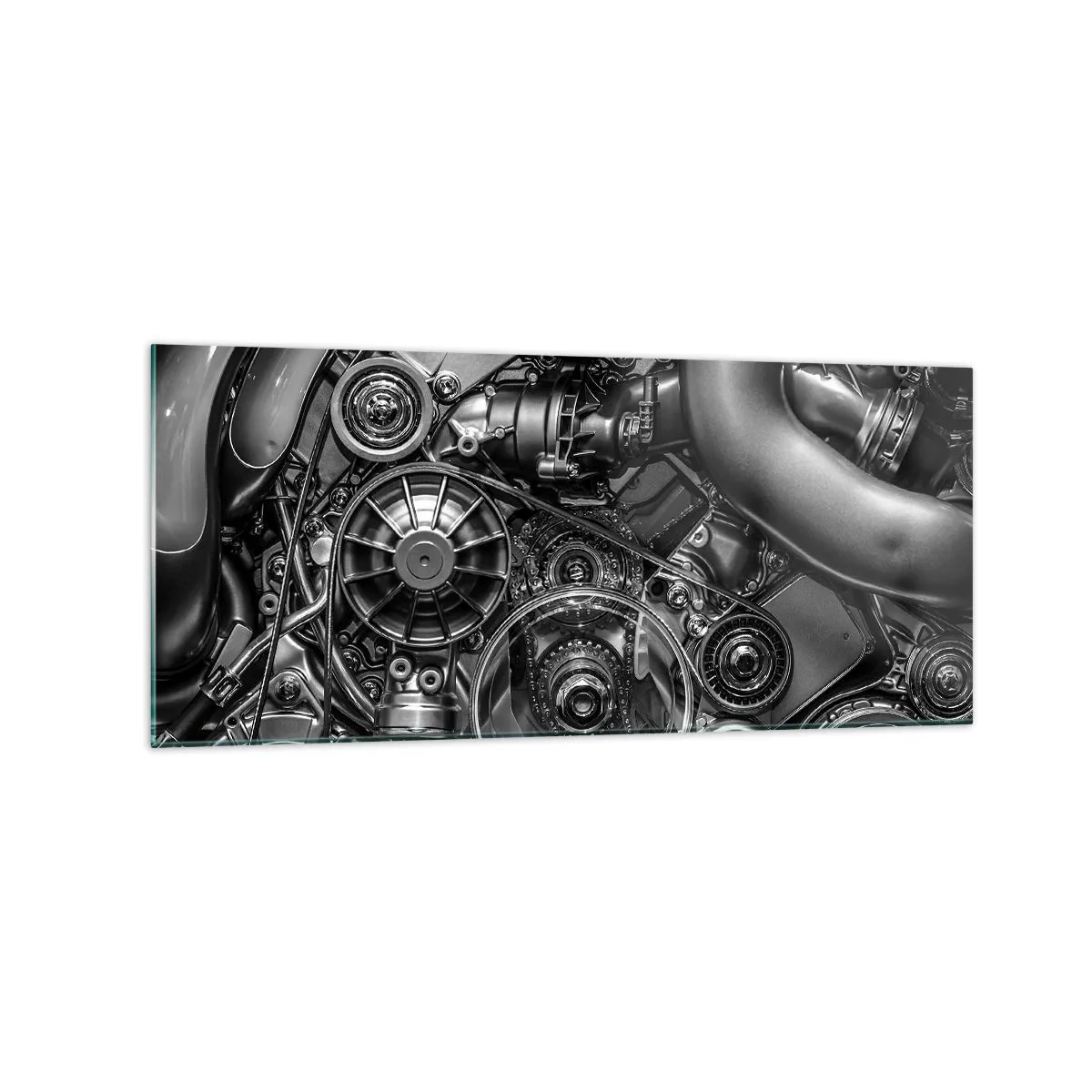 Impression sur verre - Image sur verre - Gros plan noir et blanc des détails mécaniques d'un moteur de voiture. - 120x50cm - Poésie mécanique - Décoration murale moderne pour le salon et la chambre ARTTOR